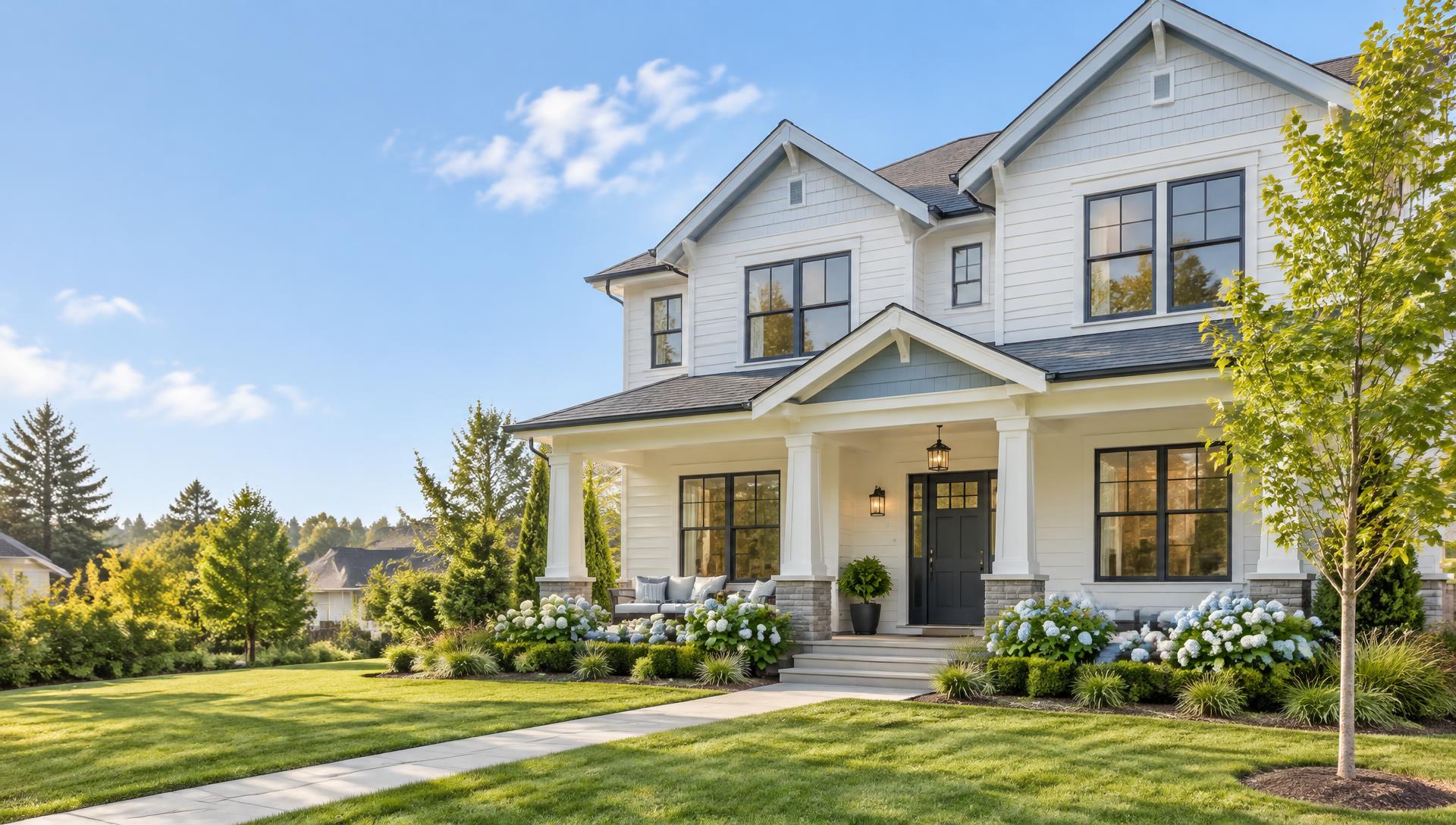 A bright, welcoming home with a covered front porch on a sunny day